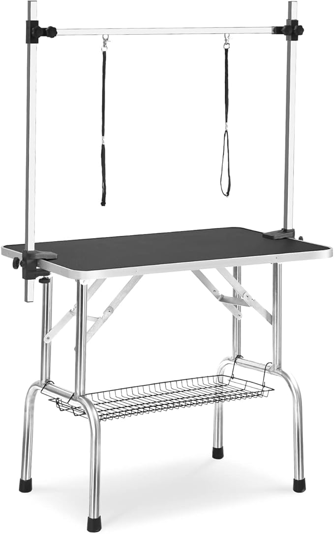SoarFlash Pet Dog Grooming Table Foldable,Heavy Duty Foldable Pet Grooming Table with Arm & Noose & Mesh Tray, Maximum Capacity Up to 330lbs, 46inch, Black