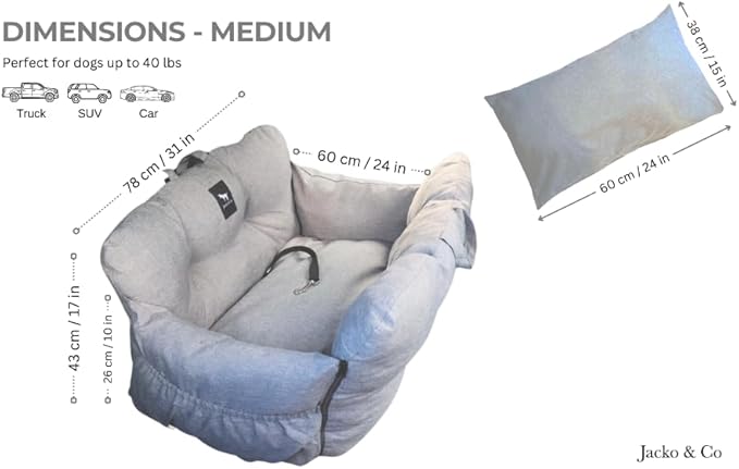 JACKO & CO Premium Medium Dog Car Seat – Safe & Cozy Travel Bed for Small & Med Dogs, Puppies & Pets 25–40 lbs, Clip-On Leash, Storage Pockets, Water-Resistant, Machine Washable (Grey, Medium)