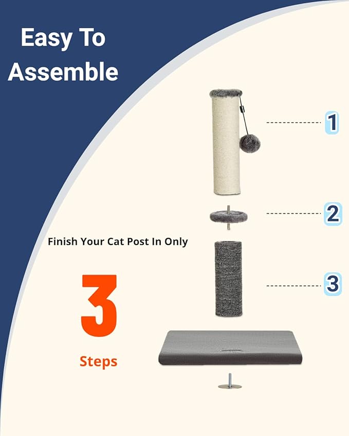 Happi N Pets Cat Scratching Post, Cat Scratcher for Kittens or Medium Cats, Sisal Scratch Post & Carpet Post in One, Stable Kitten Scratching Post with Replaceable Toy, Extra Free Toy, Light Gray