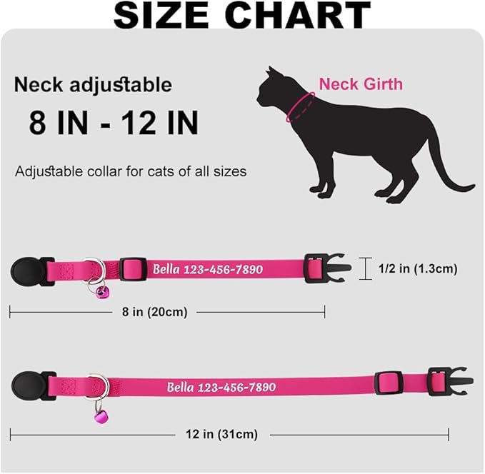 Personalized Cat Collars with Name and Phone Number |Custom Cat Collar with Breakaway Safety Release Buckle and Bells | Cute Waterproof PVC ID Collar for Boy and Girl Kitten Cat