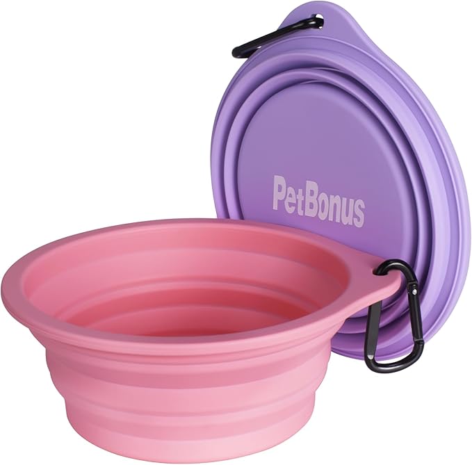 PetBonus 2-Pack Silicone Collapsible Dog Bowls, BPA Free Dishwasher Safe, Portable Foldable Expandable Travel Bowl, Food Water Feeding Cup Dish for Dogs Cats with 2 Carabiners (Purple, Pink)