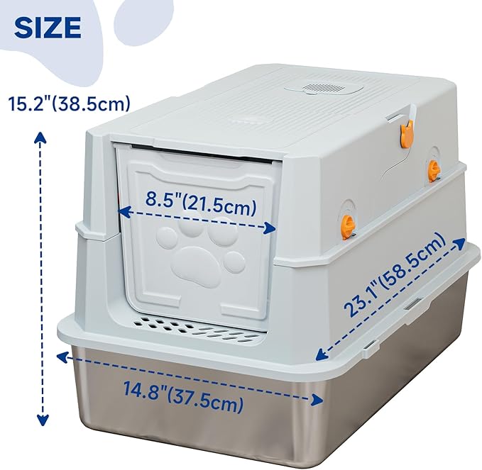 TENTIZON Stainless Steel Extra Large Covered Cat Litter Box with Lid, High Sides, Litter Mat, Scoop, Hooded Enclosed Kitty LitterBox for Big Cats Up to 24lbs, Multi-Cat, Ordor Control, Easy Clean