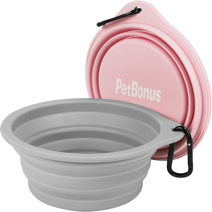 PetBonus 2-Pack Silicone Collapsible Dog Bowls, BPA Free Dishwasher Safe, Portable Foldable Expandable Travel Bowl, Food Water Feeding Cup Dish for Dogs Cats with 2 Carabiners (Grey, Chalk Pink)