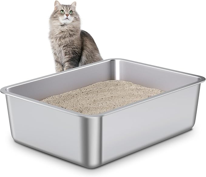 Stainless Steel Cat Litter Box, Metal Litter Box, Cat Litterbox for Kitten, Kitty, Rabbit, 6" High Side Cats Litter Boxes, Large Stainless Steel LitterBox, No Smell, Non Stick, Easy to Clean