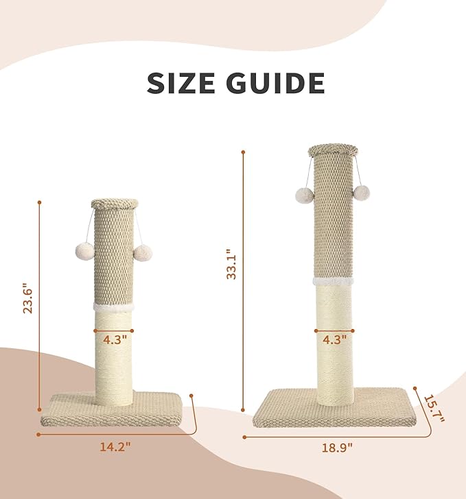 Made4Pets Tall Cat Scratching Post, Heavy Duty and Thicker Scratching Posts for Indoor Cats Adults, 23.6" Natural Sisal Cat Scratcher with Hanging Balls, Sturdy Base Cat Scratch Post, Beige