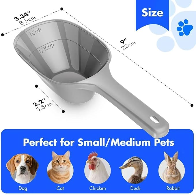 Small Food Scoop 2 PACK,1 Cup Capacity Dog Food Scoop With Measuring Lines For Dog, Puppy and Cat Coffee Bean Scoop, Flour Scoop (Grey)