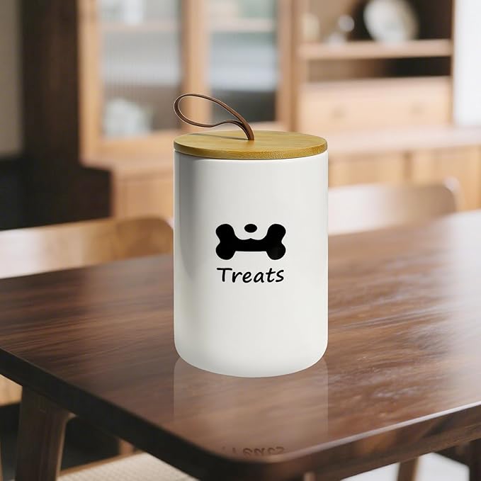 Dog Treat Container Airtight - 5 Inch Wide x 7.5 Inch White Ceramic Dog Treat Jar for Kitchen Counter, Doggie Cookie Jar with Airtight Bamboo Lid - Farmhouse Style Dog Food Storage Container