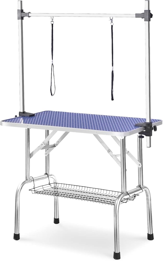 SoarFlash Pet Dog Grooming Table Foldable,Heavy Duty Foldable Pet Grooming Table with Arm & Noose & Mesh Tray, Maximum Capacity Up to 330lbs, 46inch, Blue