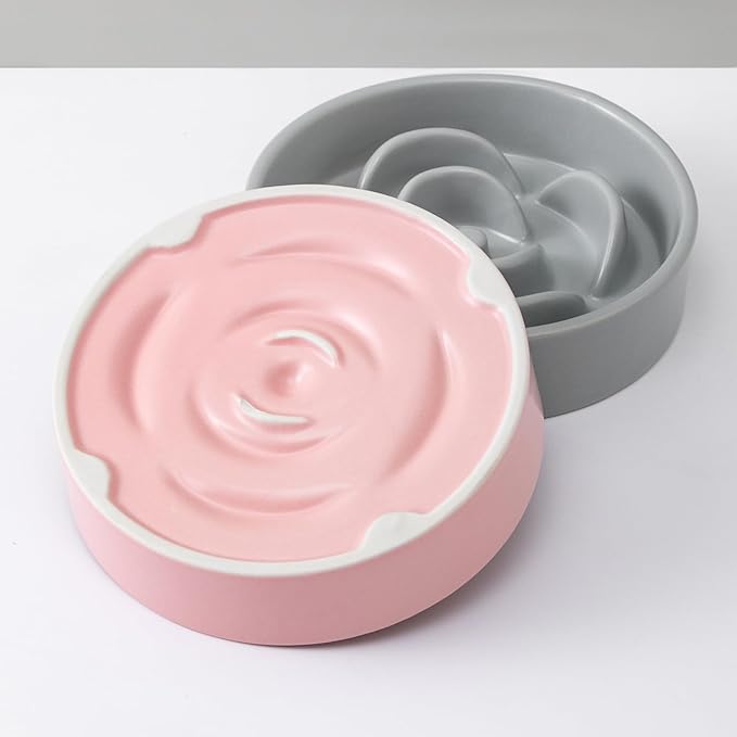 6'' Ceramic Slow Feeder Dog Bowls - Petal Shape Modern Dog Food Dish for Cats and Small Breed Dogs, Puzzle Maze Bowl to Slow Down Eating, Anti-Gulping, Dishwasher & Microwave Safe, Pink