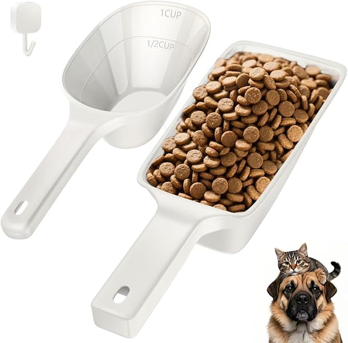 Food Scoop 2 PACK,2 Cup Capacity Dog Food Scoop With Measuring Lines For Dog, Puppy and Cat Coffee Bean Scoop, Flour Scoop (Small & Large White)