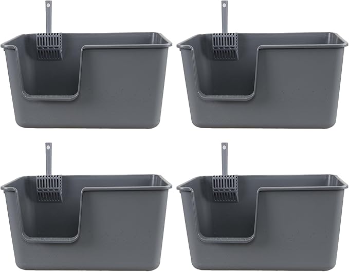Extra Large Cat Litter Box with High Sides, Anti-Splashing Kitty Litter Box for Muti Cats, Open Big Cat Litter Pan, 4 Pack(Grey)