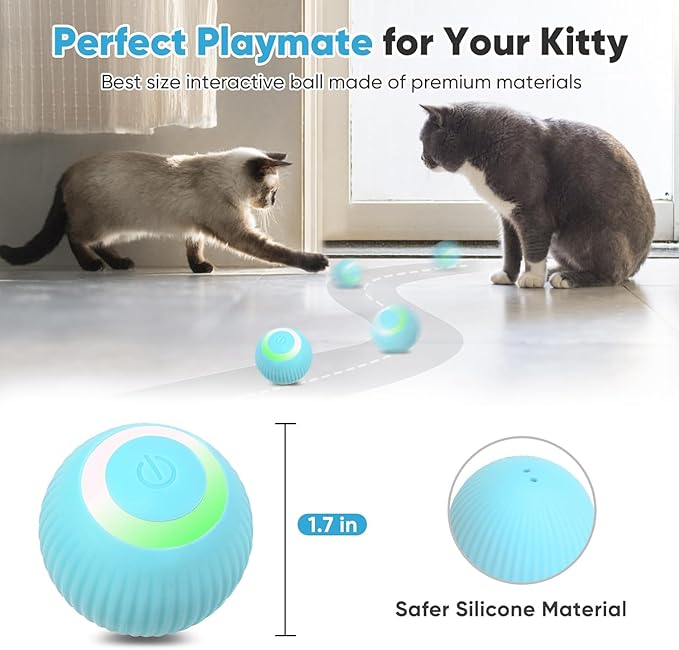 Petbobi Interactive Cat Toy Ball - USB Rechargeable Cat Toy with LED Light, Automatic Self Moving Ball, Active Rolling Toys, 360°Rotating Smart Sphere, 2 Modes, Fun Gift for Indoor Kitten, Blue