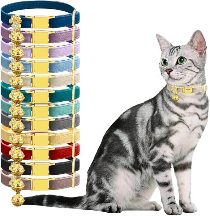 Personalized Breakaway Cat Collars - Magnetic Buckle, Bell - Safety Quick Release, Customized for Girls & Boys Cats- (Velvet-White)