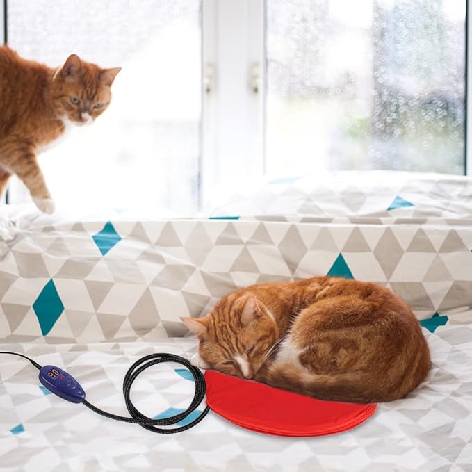 NAMSAN Heating Pad for Cats Small Dogs Heated Dog Bed Round Cat Tree Heating Bed Rabbit Warming Pad, Temperature Adjustable, Chew Resistant Cord, Red