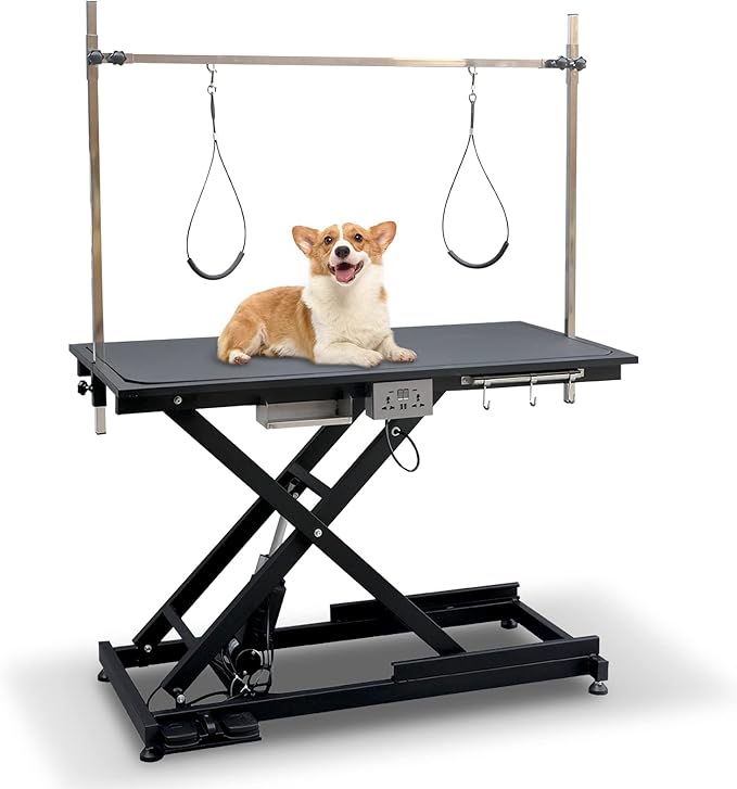 SoarFlash 49.6” Electric Lift Pet Dog Grooming Table,Heavy Duty Electric Grooming Table for Dogs&Cats,Heavy Duty Height Adjustable with Overhead Arm, Clamps, Two Grooming Noose