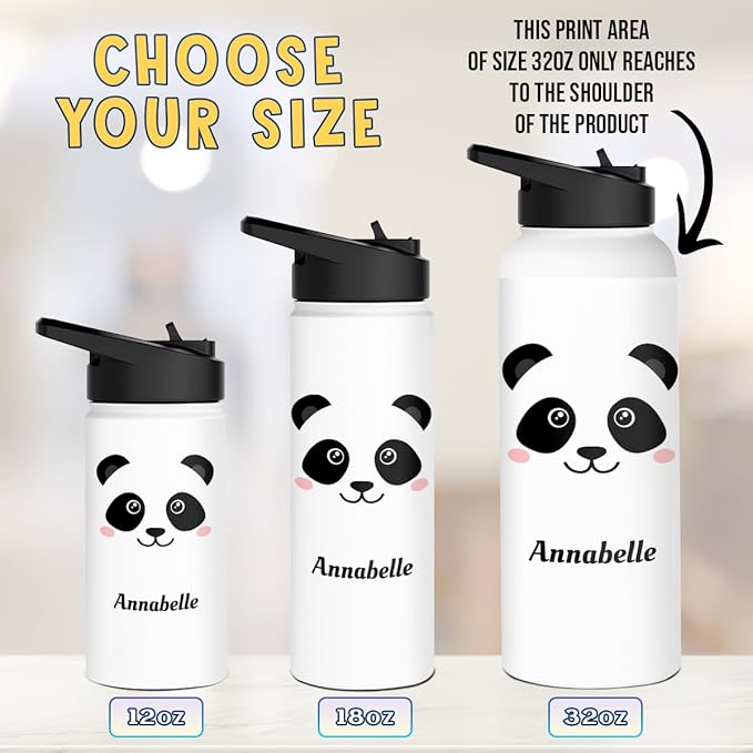 winorax Personalized Panda Water Bottle Pandas Pattern Design Sports Bottles 12oz 18oz 32oz Insulated Stainless Steel Travel Cup Birthday Christmas Back To School Gift for Girls Kids Animal Lovers