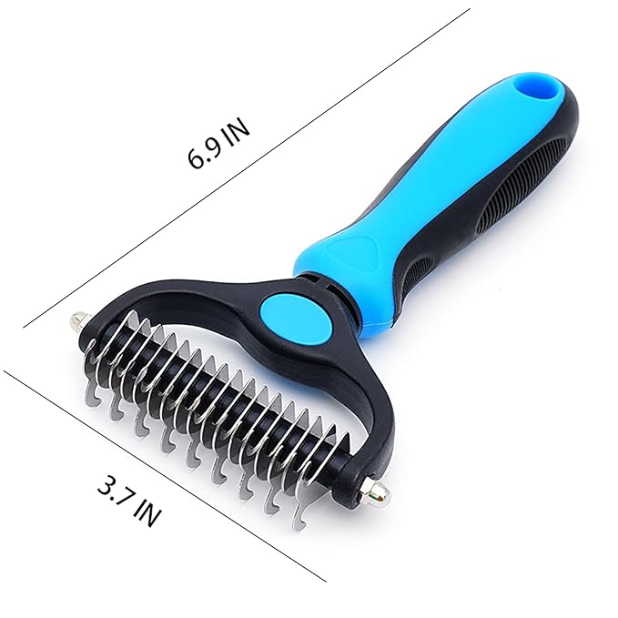 2-Piece Cat and Dog Grooming Set with a pair of grooming gloves and a shedding brush for shedding, bathing, brushing, removing undercoat and reducing shedding easily (Blue)