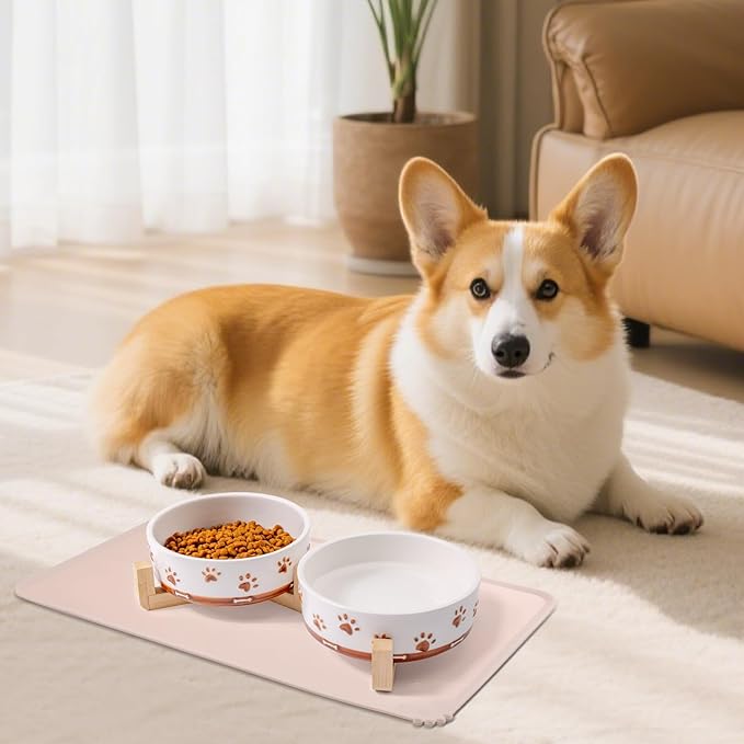 Dog Bowls with Wood Stand, 1.7 Cups Ceramic Puppy Bowls with Mat for Small Dog Weighted Water and Food Bowl Set for Dogs Cats, Non-Slip Pet Feeding Dish 13.5 Oz