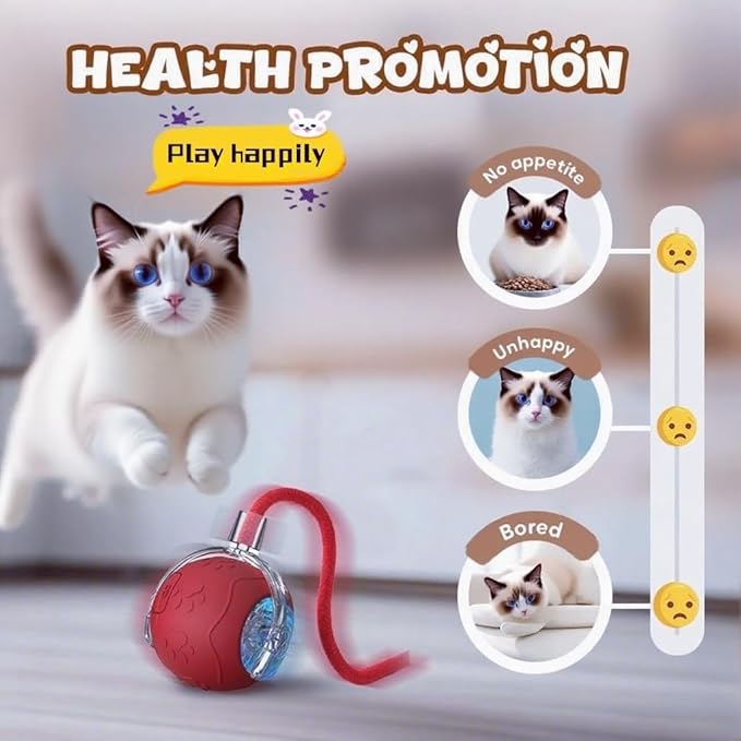 2025 New Interactive Cat Toy Ball for Indoor Cats Dog, Smart 360° Automatic Rolling Pet Ball Kitten Toys with Replace Feather , 3.0 Tail Electric Cat's Toys with LED Light Three Modes Adjustment