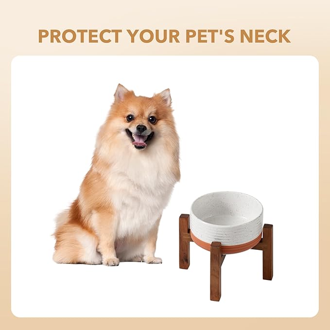 Ceramic 6.1inch Raised Dog and Cat Bowl Set, 2 Heights Elevated Wooden Stand for Small Breed Dogs, Weighted Pet Food and Water Dishes(6.1'',28.7oz, Vanilla White)