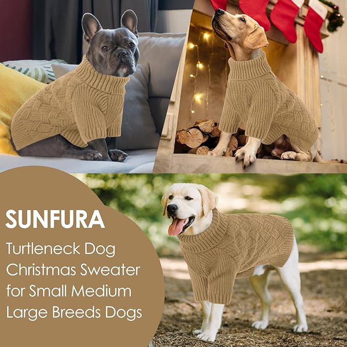 SUNFURA Dog Sweater, Christmas Sweaters for Large Dogs, Solid Color Dog Pullover for Fall Winter, Warm Sweatshirt Knit Turtleneck for Corgi, French Bulldog, Camel L