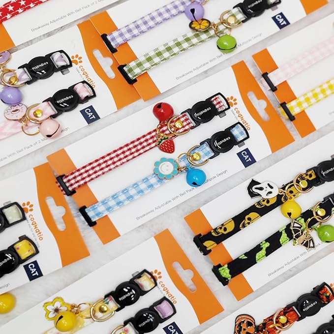 2 Pack Cotton Breakaway cat Collars with Bell,Safety Quick Release Pendant Cute Kitten Collar,Adjustable 20-30cm (Halloween1, 20-30cm)