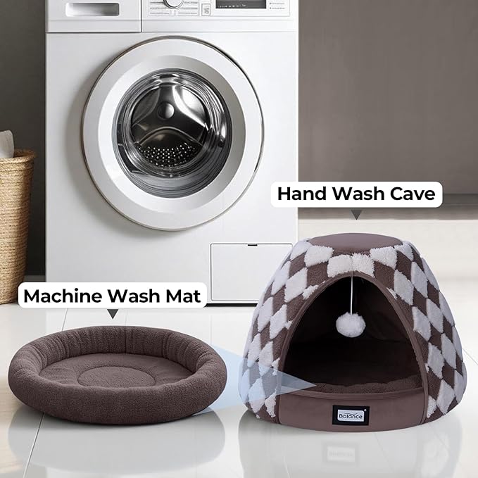 BALANCE Cat Beds for Indoor Cats, 2-in-1 Cat Bed Cave with Anti-Slip Bottom and Ultra-Soft Plush, Cozy Cats House Tent for Kittens and Small Dogs, 19 Inches, Dark Brown