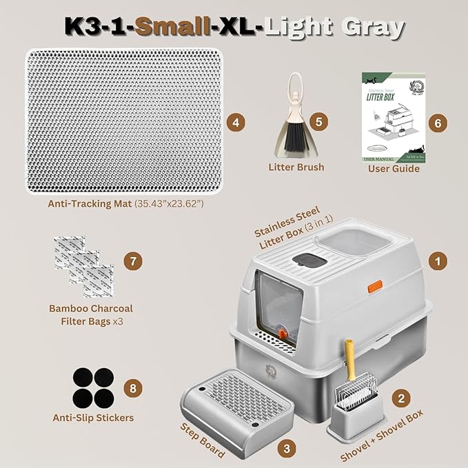 XL Stainless Steel Litter Box with Lid, Fully Enclosed 6" Deep Metal Cat Litter Box, Leak-Proof, Clumping Litter for Large, Multi-Cats, with Litter Mat, Scooper & Brush (6" Light Gray XL)