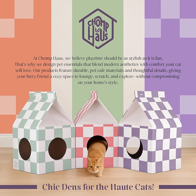 Cardboard Cat House with Scratch Pad – Durable Eco-Friendly Hideaway, Easy Assembly, Stylish Plum Checkered Design, Indoor Cat Furniture