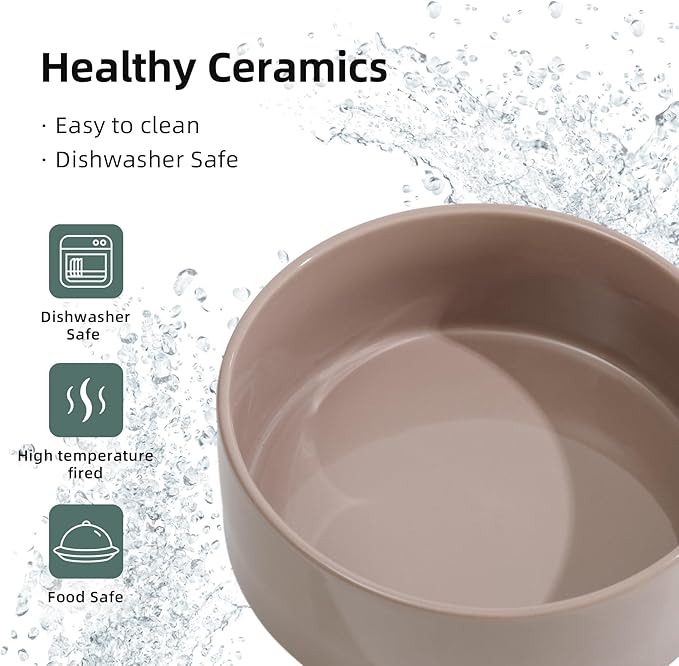 Ceramic 5.1inch Raised Double Bowls Set with Wooden Stand, Elevated Food & Water Bowls for Small Breed Dogs, Cats, Kitty, Weighted Dog Dishes, Pet Bowls(13.5oz, Brown Coffee)