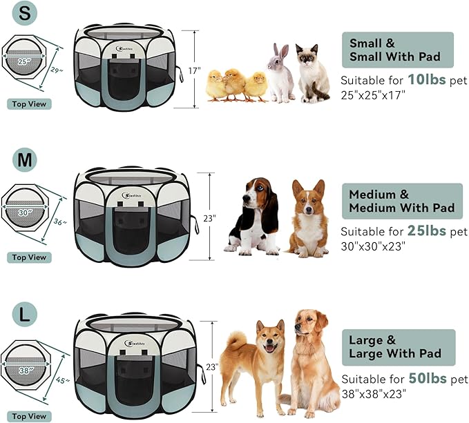 Dog Playpen, Puppy Pet Playpen, Medium Dogs Tent Crates Cage Indoor/Outdoor, Portable Pop Up Dog Kennel Playpen with Carrying Case for Dogs/Cats/Rabbits, Removable Zipper Top, Grey