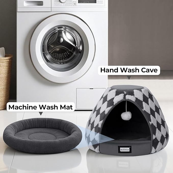 BALANCE Cat Beds for Indoor Cats, 2-in-1 Cat Bed Cave with Anti-Slip Bottom and Ultra-Soft Plush, Cozy Cats House Tent for Kittens and Small Dogs, 19 Inches, Dark Grey