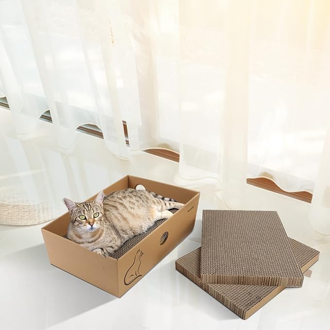 AUSCAT Cat Cardboard Scratcher, 4 PCS Reversible Cat Scratching Boards with Box for Indoor Kitty to Rest and Play, 14.8" L x 10.8" W x 5.2" H.