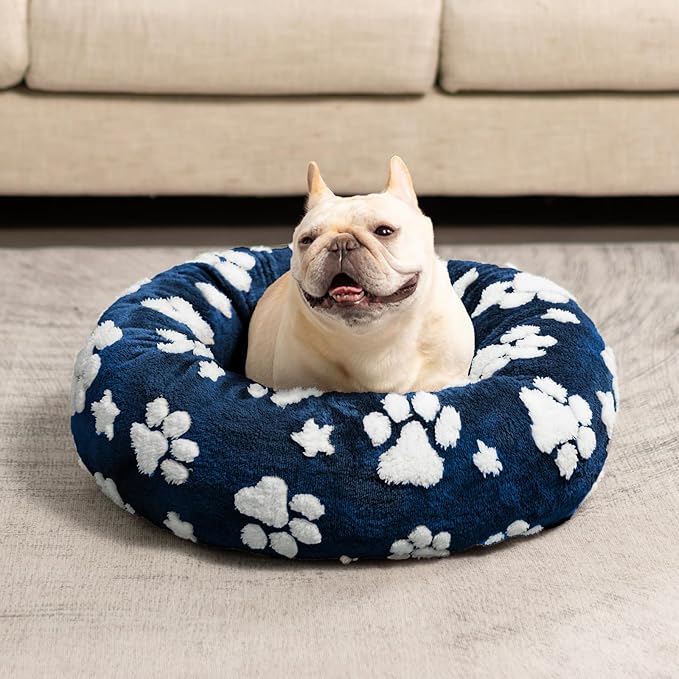 Donut Dog Beds for Small Dogs, Calming Round Cat Beds for Indoor Cats, Cute 3D Textured Paw Pet Bed with Removable Washable Cover and Anti-Slip Bottom(Navy Blue,20")