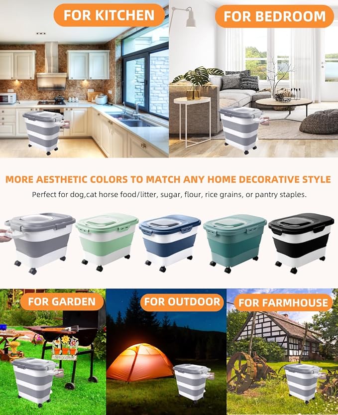 25-28 Lbs Dog Food Storage Container with Handle, Collapsible Dog Food Container with Airtight Lids, Wheels, Large Pet food storage Container for Dog Cat,Dog Food Scoop,Small Container