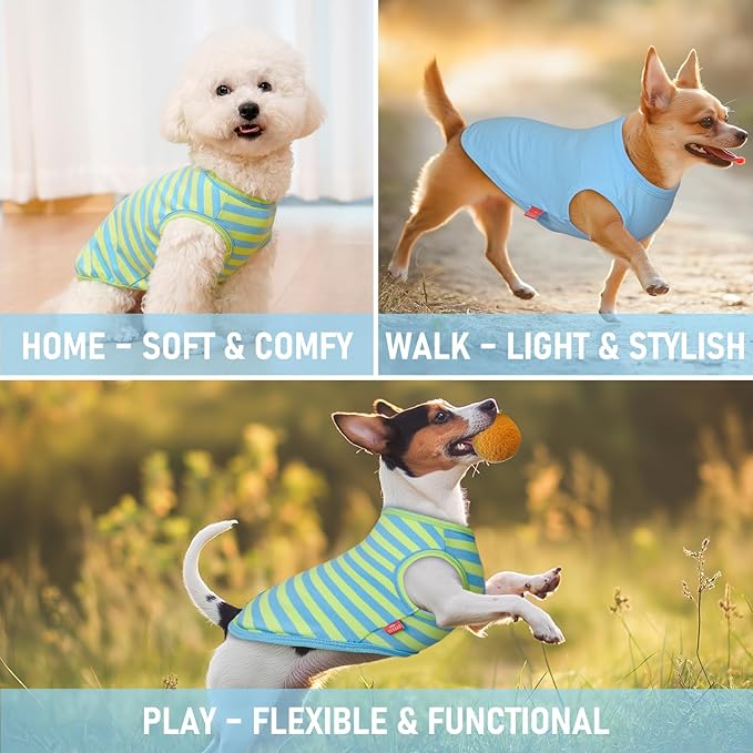 KYEESE 2Pack Dog Shirts Striped T Shirt Soft Tee for Small Dogs Cotton Tank Top Lightweight Sleeveless Vest Dog Clothes, Small,Blue+Striped