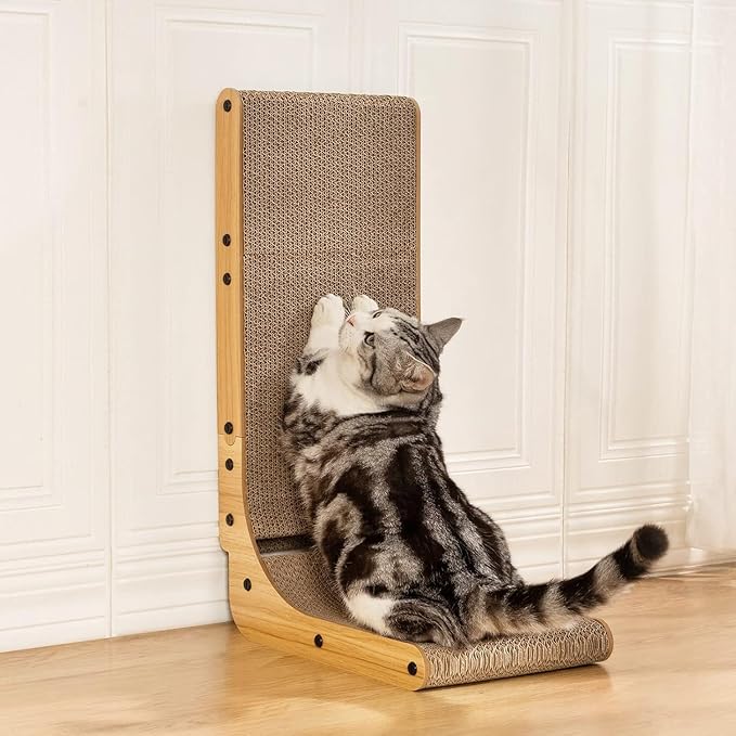Poils bebe L Shape Cat Scratcher, 26.8 Inch Cat Scratchers for Indoor Cats, Protecting Furniture Cat Scratch Pad, Cardboard Cat Scratching with Ball Toy, Catnip, Large