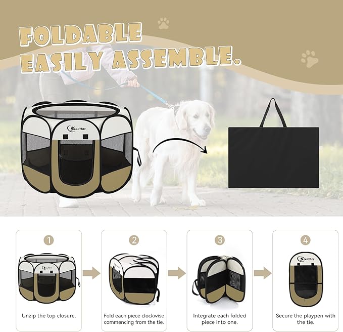 Dog Cat Playpen, Medium Puppy Pet Playpen, Dog Crate Tent Cage Indoor/Outdoor, Portable Pop Up Dogs Kennel Playpen with Carrying Case for Dogs/Cats/Rabbits Coffee