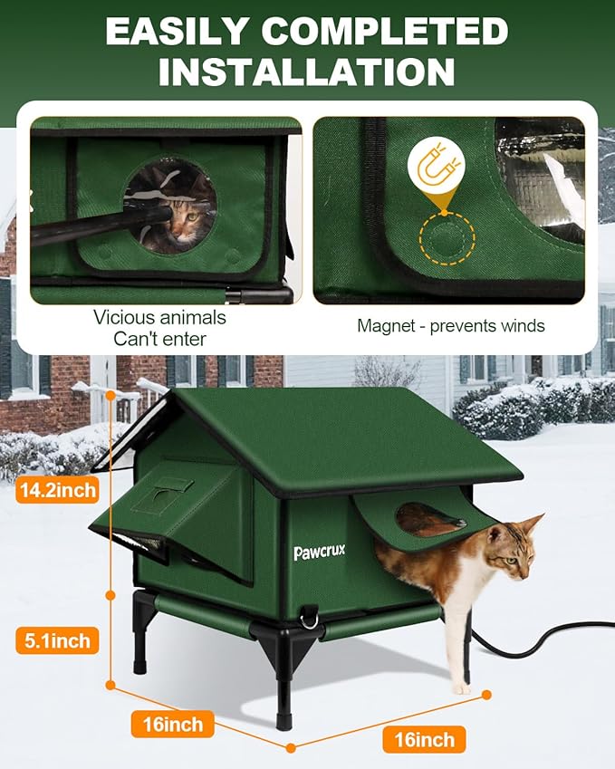 100% Waterproof Heated Cat House for Outdoor with Safe Escape Door, Heated Cat Bed Weatherproof Cat Shelter Kitty with Cat Heating Pad, Insulated Warm House for Feral Cat (Green, S)