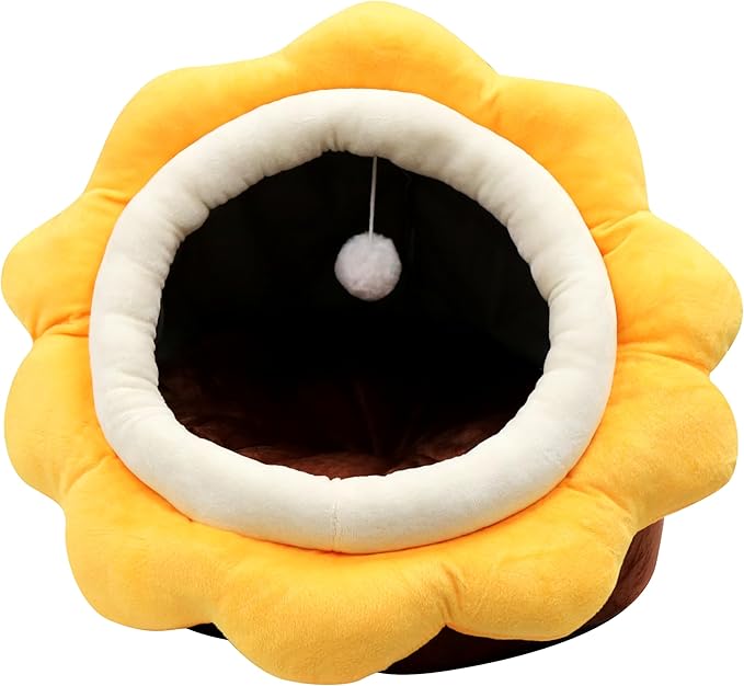 Cat Beds for Indoor Cats - Sun flower-shaped Cat Cave Bed with Hanging Toy,Super Soft Calming Pet Bed for Kitten&puppy,Small Dog,Warm Plush&Machine Washable&Removable Cotton Pad,cat Hideaway(Brown L)