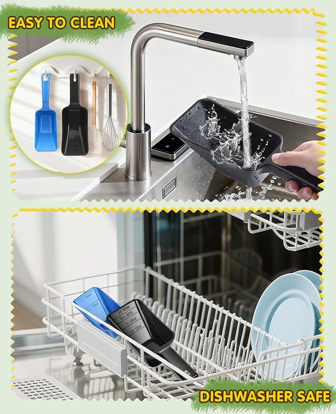 2 Pack Dog Food Scoop with 1 Cup and 2 Cup Capacity, Plastic Pet Food Measuring Scoops with Clear Measurement Lines for Dogs, Cats & More,Dishwasher safe (Blue and Black)