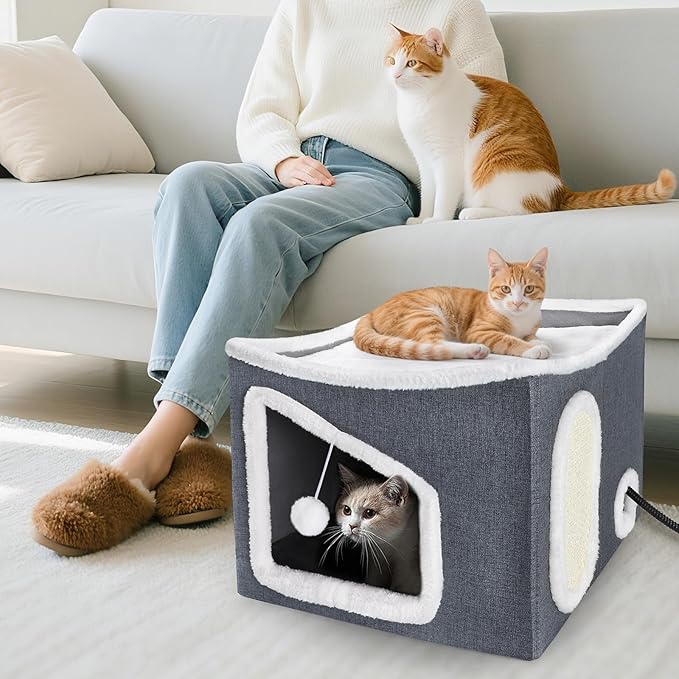 Heated Cat House for Indoor, Large Cat Bed with Heating Pad, Adjustable Temperature & Timing, with Fluffy Ball Hanging and Scratch Pad, Foldable Pet Hideaway for Small Medium and Large Cats(XL)