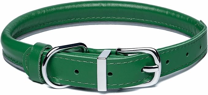OOPSDOGGY Rolled Leather Dog Collar Reflective Roll Collars for Small Medium Large Dogs Puppy (Green, S, 10''- 13'')