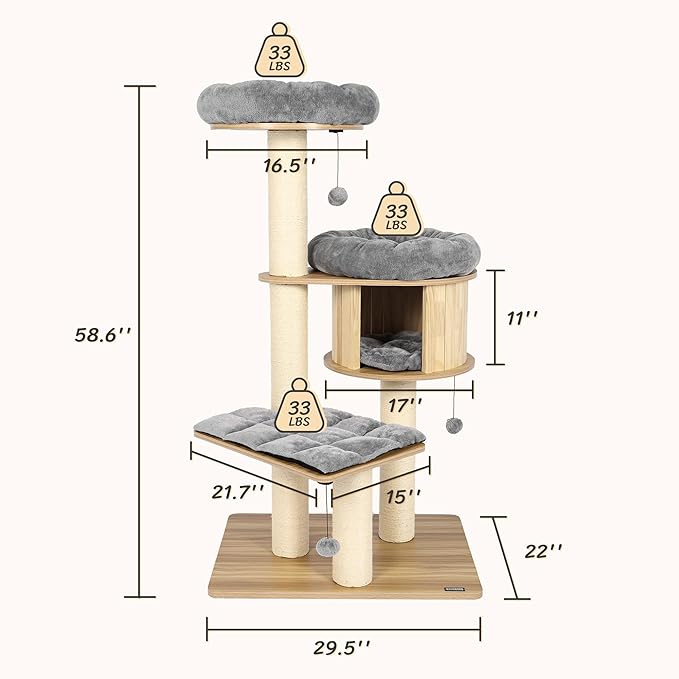 KAMABOKO 58.6" Modern Cat Tree, Wood Cat Tree w/ 4.7" Large Dia Sisal Scratching Posts, Heavy-Duty Cat Trees for Large Cats with Condo, Cushions for Cats Climb Scratch Play Rest