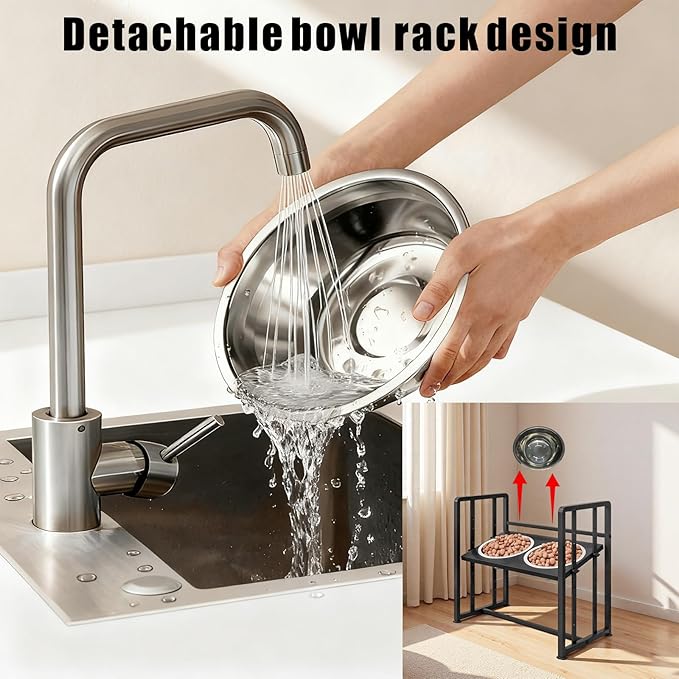 Elevated Dog Bowls 4 Height Adjustable Metal Pet Food Feeder Stand with 2 Stainless Steel Bowl Raised Dogs Feeding Station with Non-Slip Mats Black (Black, Without Feeding Mat)