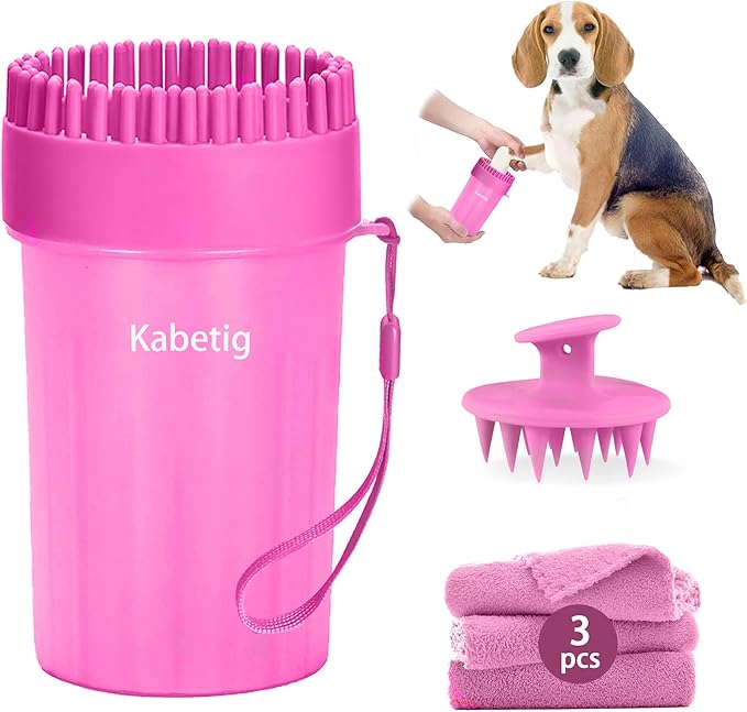 Dog Paw Cleaner for Meduim/Small Breed Dogs with 3Pcs Absorbent Towels & Graspable Dog Bath Brush (Pink, Medium)