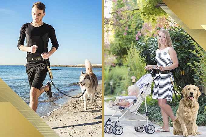 SparklyPets Hands Free Dog Leash for Medium and Large Breeds – Professional Harness with Reflective Stitches for Training, Walking, Jogging and Running Your Pet (Premium Gold Champagne, for 1 Dog)