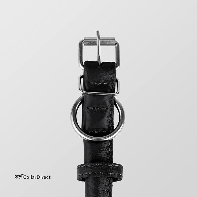CollarDirect Rolled Leather Dog Collar, Soft Padded Round Puppy Collar, Handmade Genuine Leather Collar Dog Small Large Cat Collars 13 Colors (8-11 Inch, Black Textured)