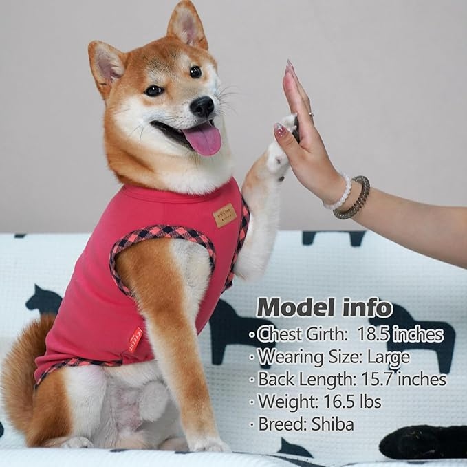 KYEESE Dog Shirt (2Pack Grey+Pink, Large) - Stretchy Velvet Pullover Vest, Lightweight Fleece, Sleeveless, Plaid Binding, Button Decoration, Breathable, Comfortable, for Small Dogs