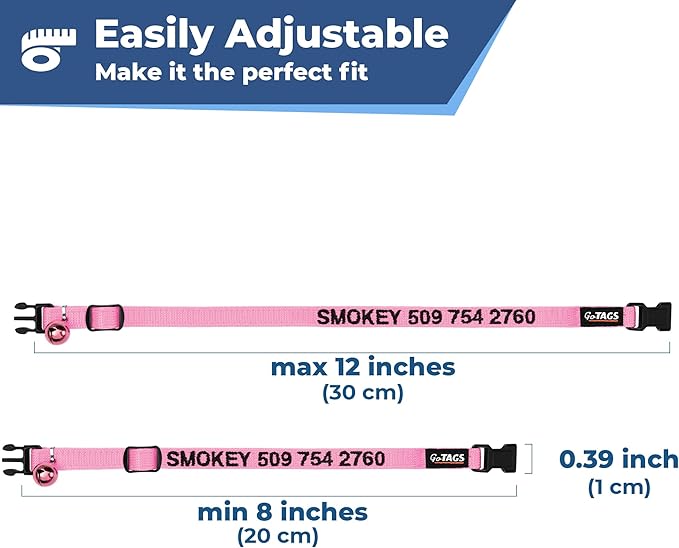 GoTags Personalized Cat Collars with Breakaway Safety Release Buckle, Custom Embroidered Cat Collar with Pet Name and Phone Number, Adjustable Nylon ID Collar with Bell for Cat or Kitten (Pack of 1)